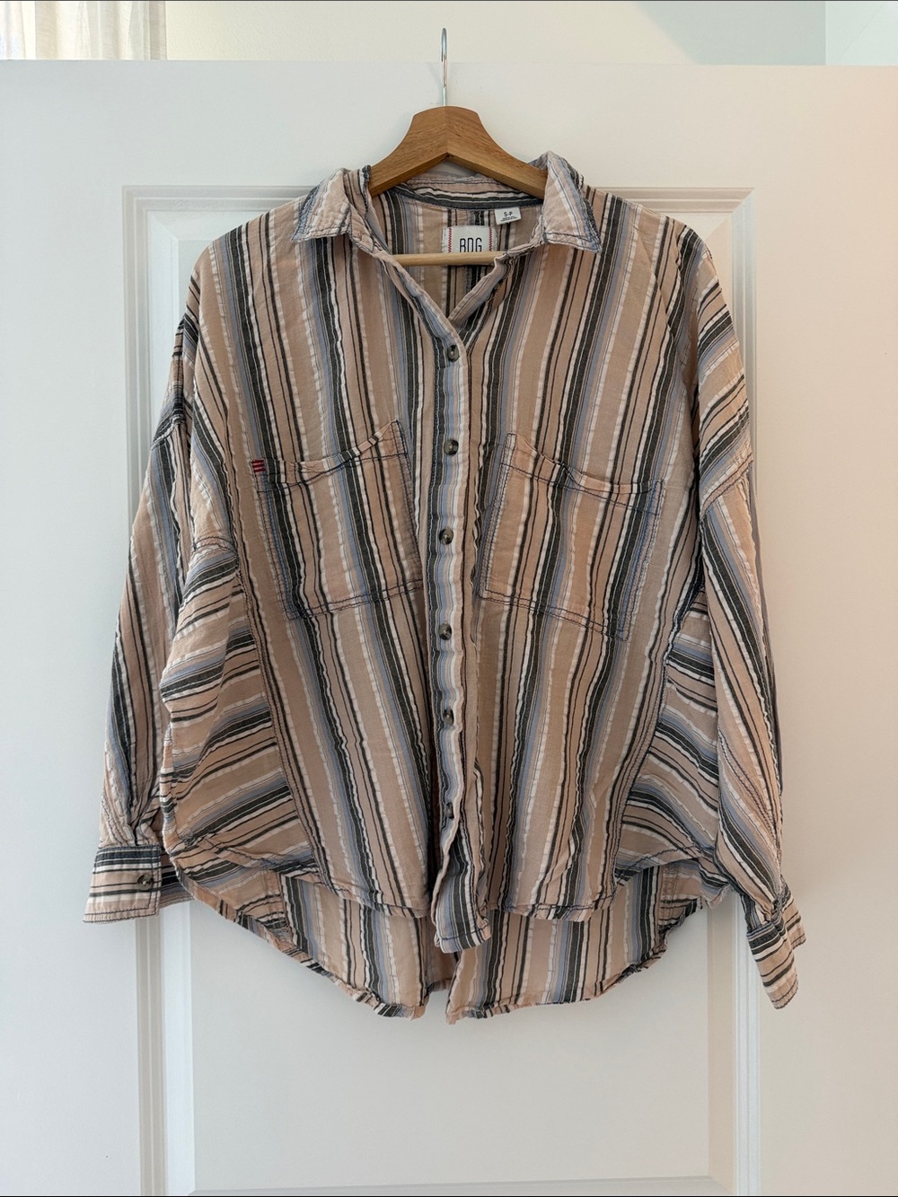 BDG women’s  Striped Button-Down Shirt in Beige and Gray